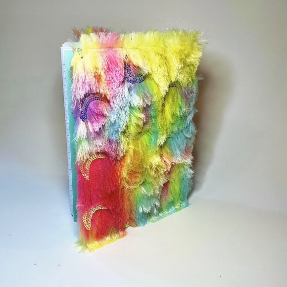 Colorful Faux Fur & Rainbow Sequined Moons Covered Hardcover Notebook Journal - Picture 4 of 7